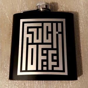 Chic Black and Silver Party Flask with Geometric F*CK OFF logo. Comes w/ funnel
